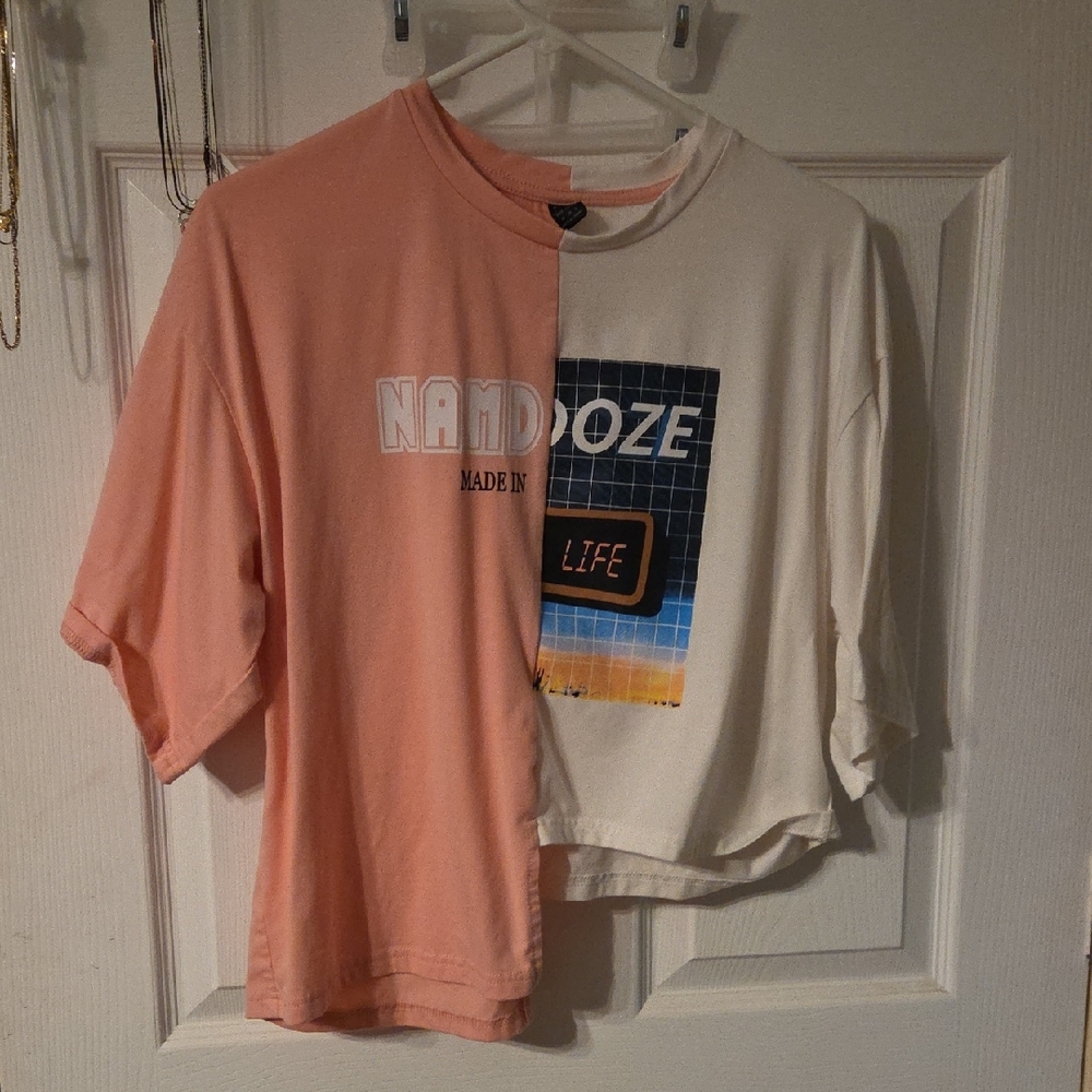 SHEIN Two-Tone Pink & Cream Graphic Short Sleeve Tee